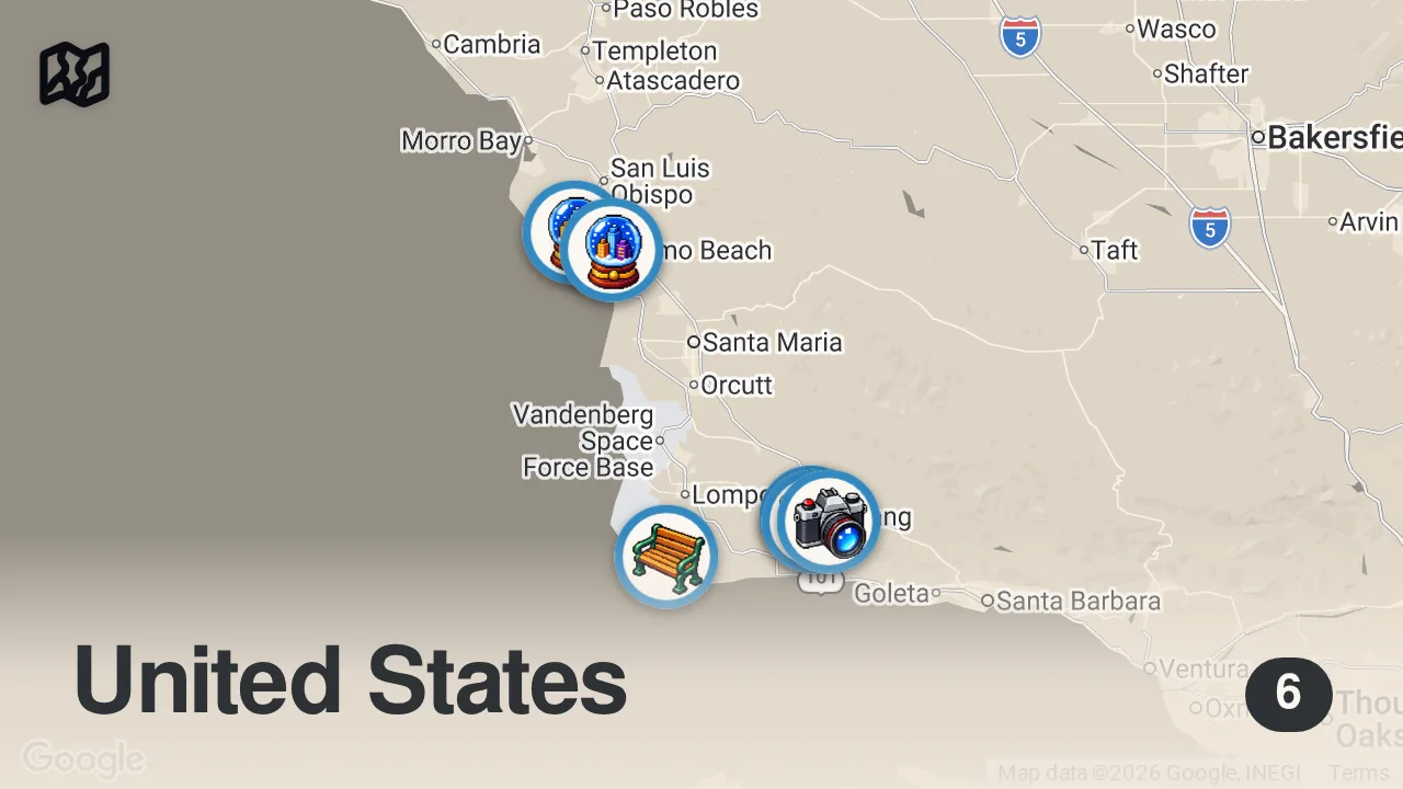 Map of 6 spots from Exploring California by Motorcycle | LA to Big Sur Moto Camping (Day 2)