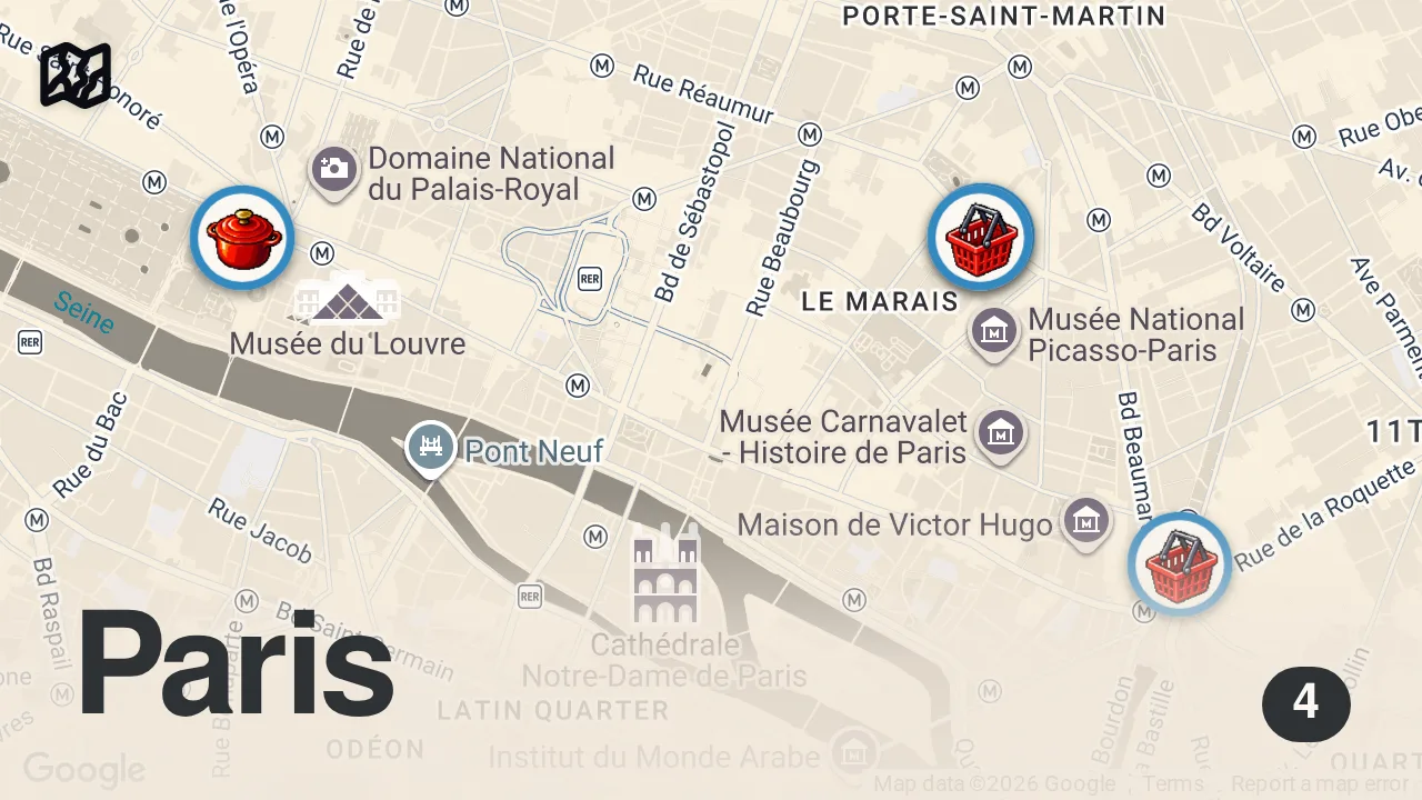 Map of 4 spots from DELICIOUS Street Food in PARIS Markets