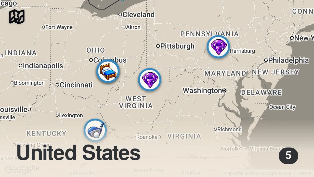 Map of 5 spots from Hunting for the Grassman | Mountain Monsters | Travel Channel