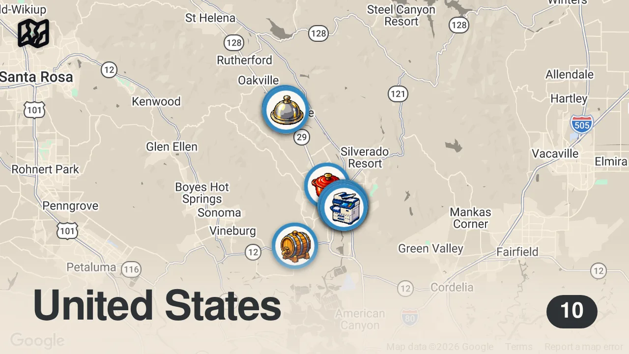 Map of 10 spots from 24 Hours in Napa Valley California | Wine Tasting, Food & Things to Do on a Budget