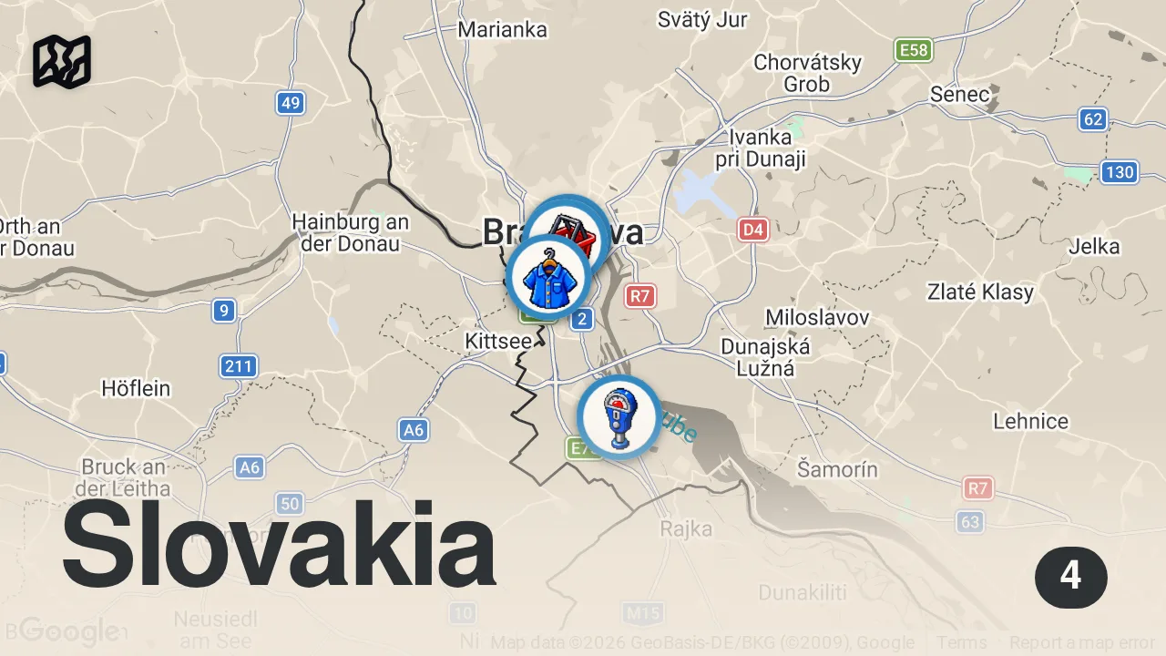 Map of 4 spots from BRATISLAVA Christmas Market - Best Holiday Street Food in Slovakia