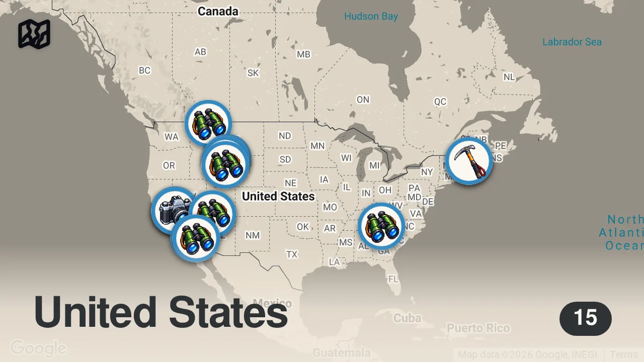 Map of 15 spots from Discover America's Top 10 National Parks!