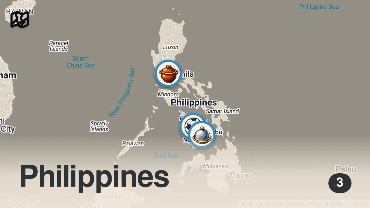 Map of 3 spots from 17 Filipino STREET FOODS Across The Philippines!! MANILA Pares, CEBU Lechon + BACOLOD Inasal