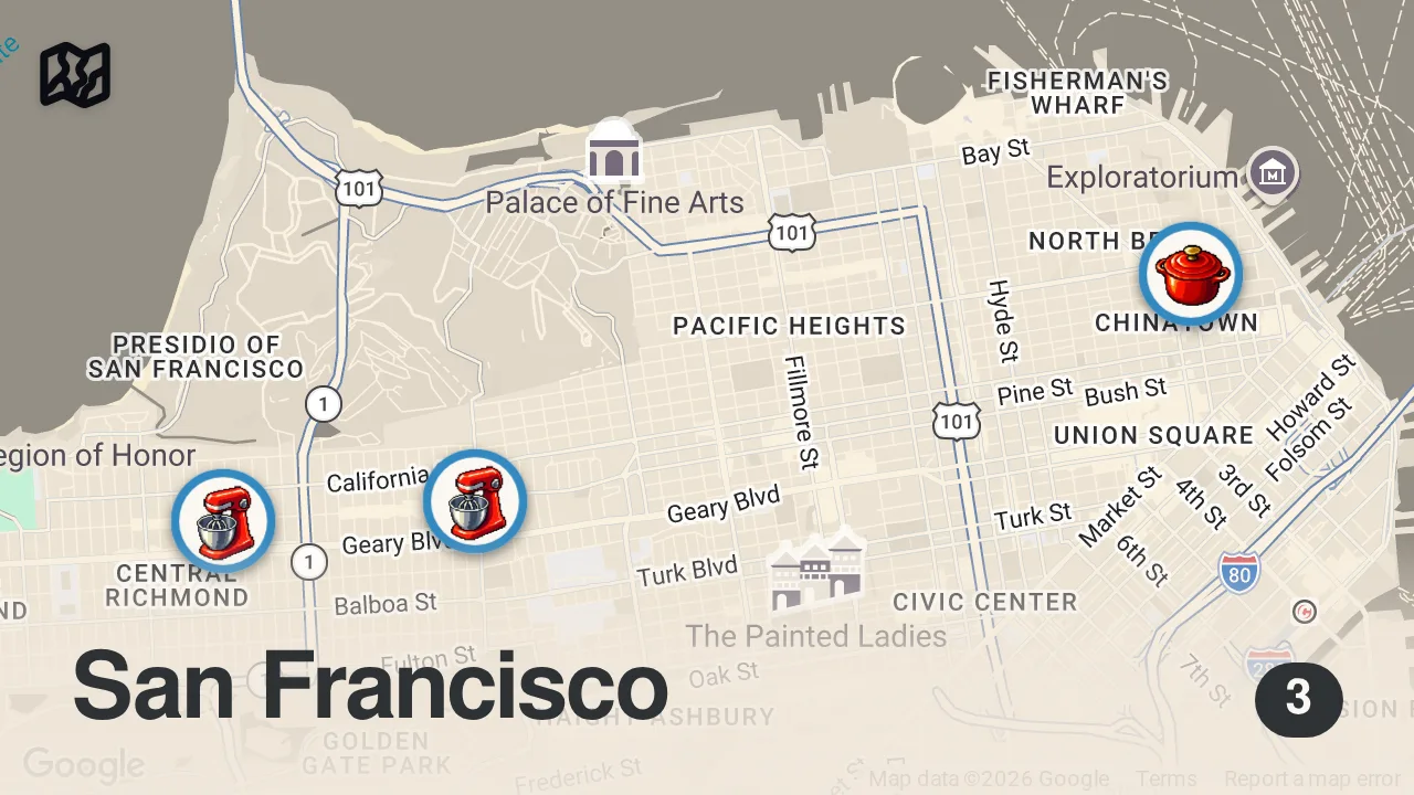Map of 3 spots from 24 HOURS IN SAN FRANCISCO: DAY 1