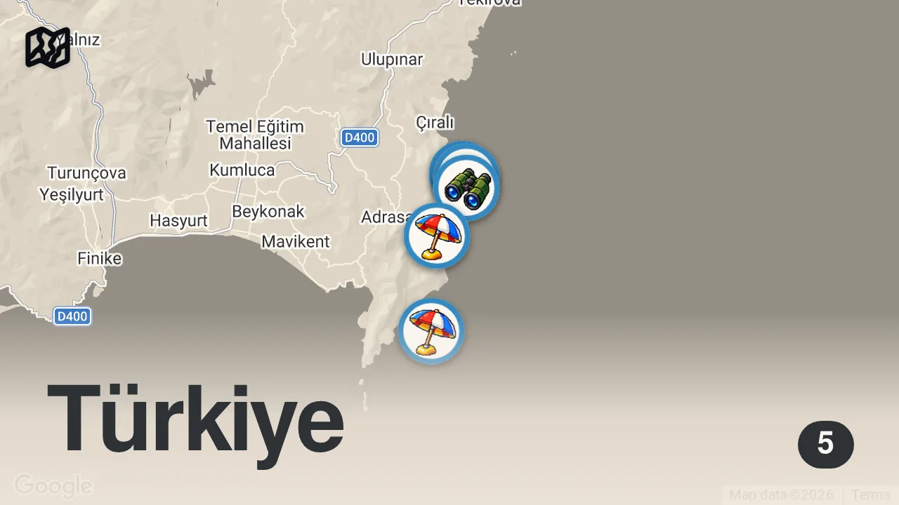 Map of 5 spots from Adrasan’ın Gizli Koyları | Sadece Tekneyle - DJI Mini 5 Pro Drone Görüntüleri
