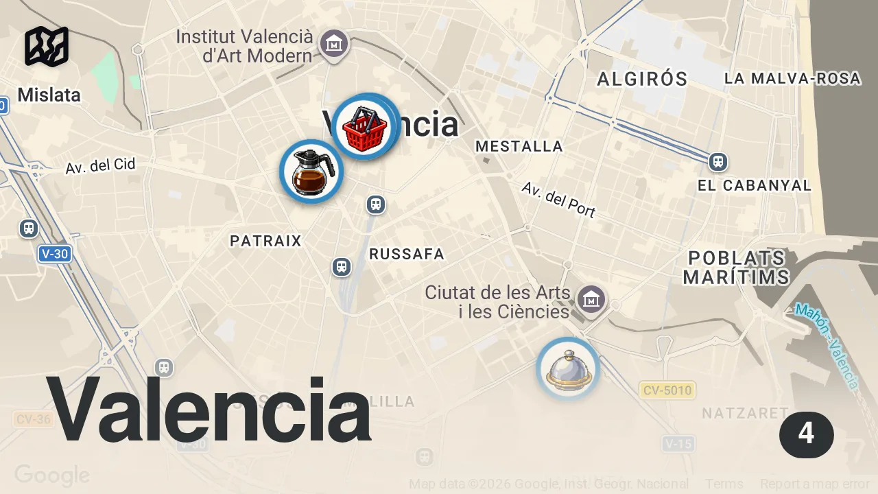 Map of 4 spots from 24 Hours In VALENCIA - HUGE Paella & HUGE Bocadillo + Local Spanish Food 🇪🇸