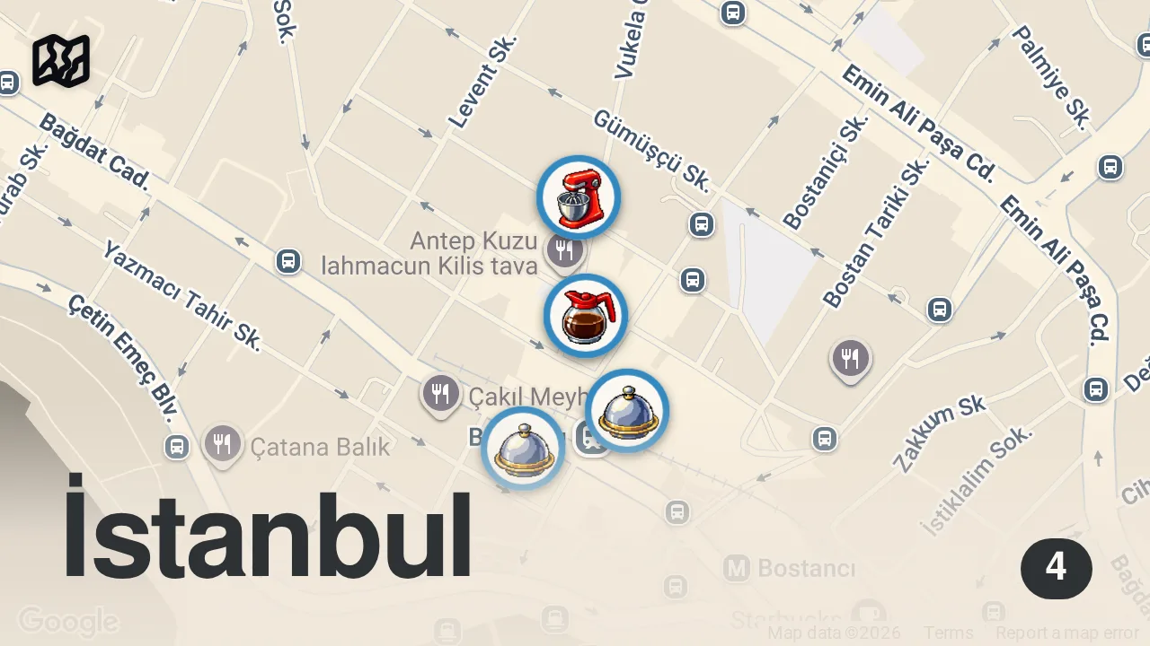 Map of 4 spots from BOSTANCI LEZZETLERİ: Cemal Süreya'nın yeri, tarihi esnaf lokantası, çok iyi lahmacun ve Kilis tava