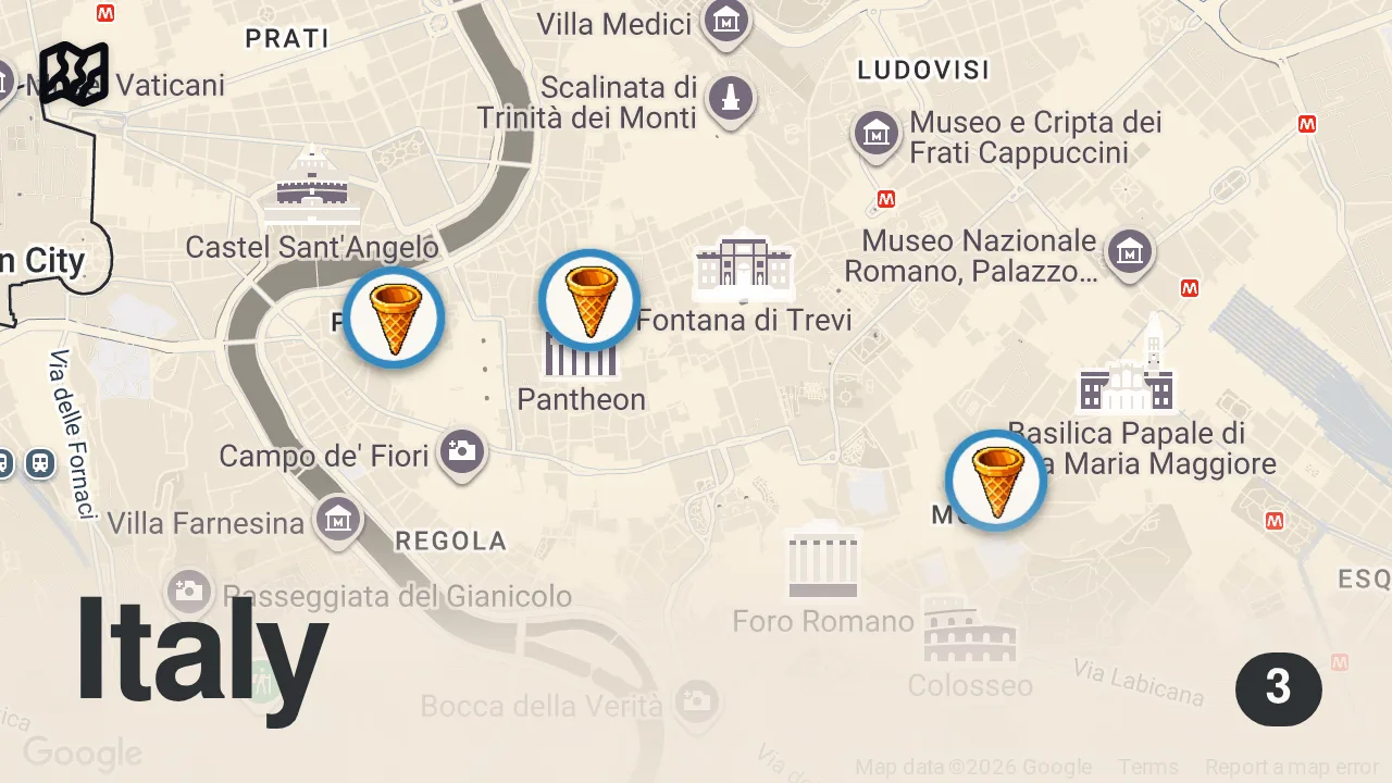 Map of 3 spots from Here’s a mini guide of the best mouthwatering Gelato spots in Rome