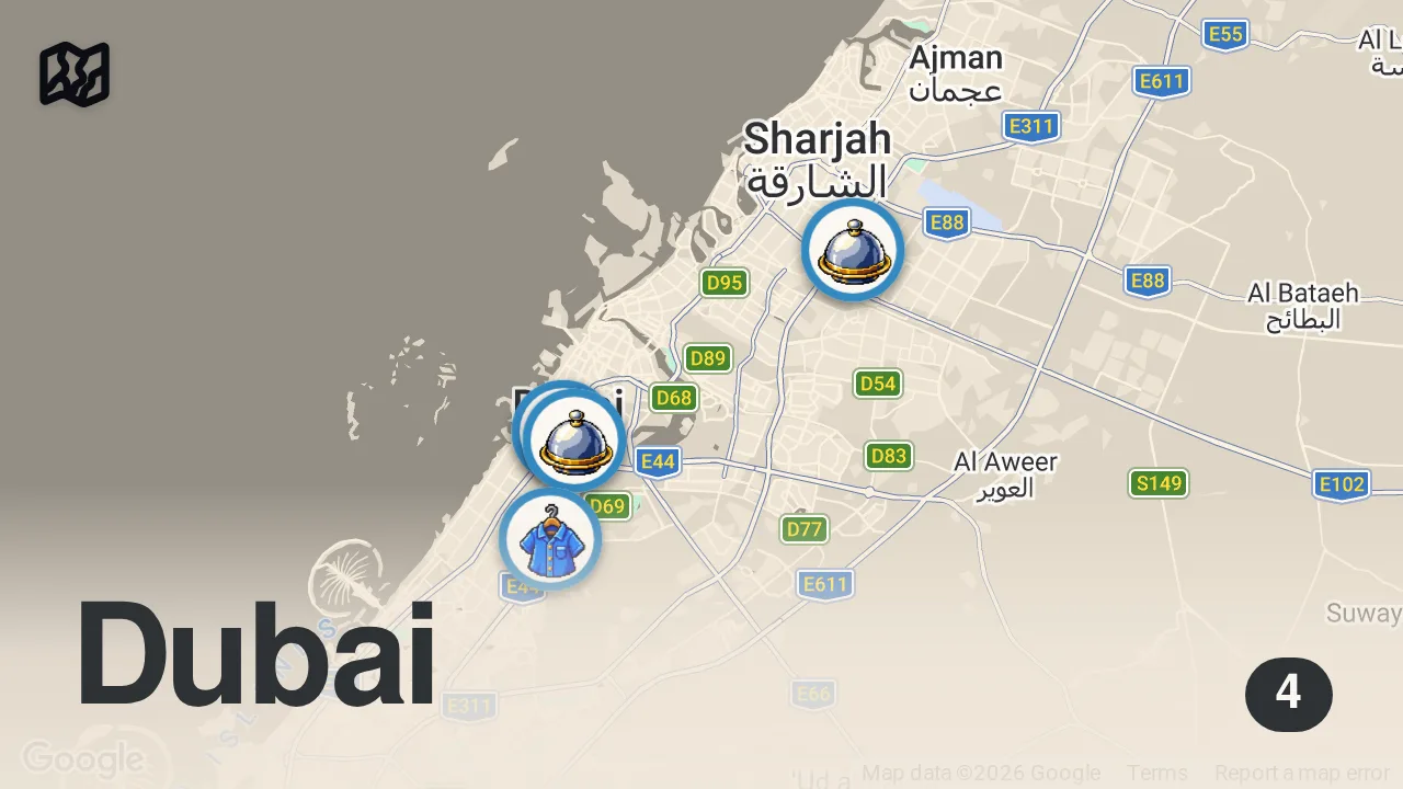 Map of 4 spots from I Went to Dubai for the Food!! 🇦🇪