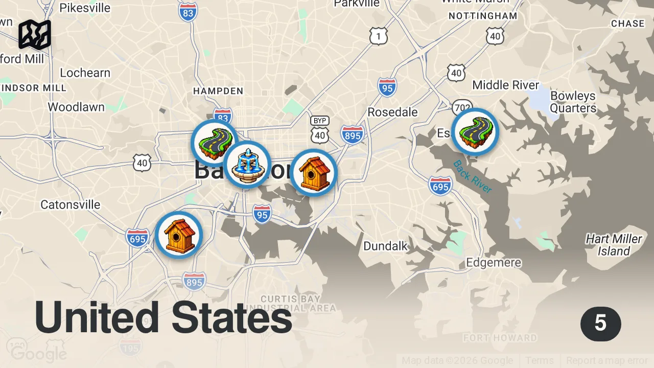 Map of 5 spots from Asking Strangers in Baltimore to Cook for Them in Their Home!