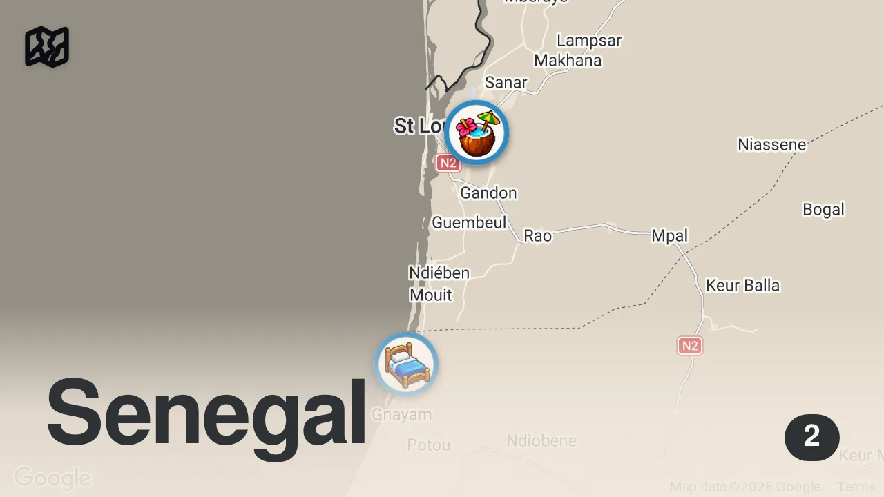 Map of 2 spots from BEST West African Food!! ORIGINAL JOLLOF RICE in Senegal, Africa!! (Don’t Miss It!!)