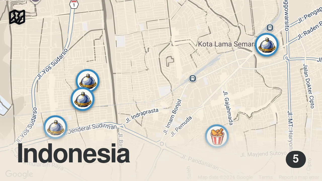 Map of 5 spots from EXOTIC NASI GORENG + EXTREME BAKSO + Best AYAM GORENG - Indonesian Street food in Semarang