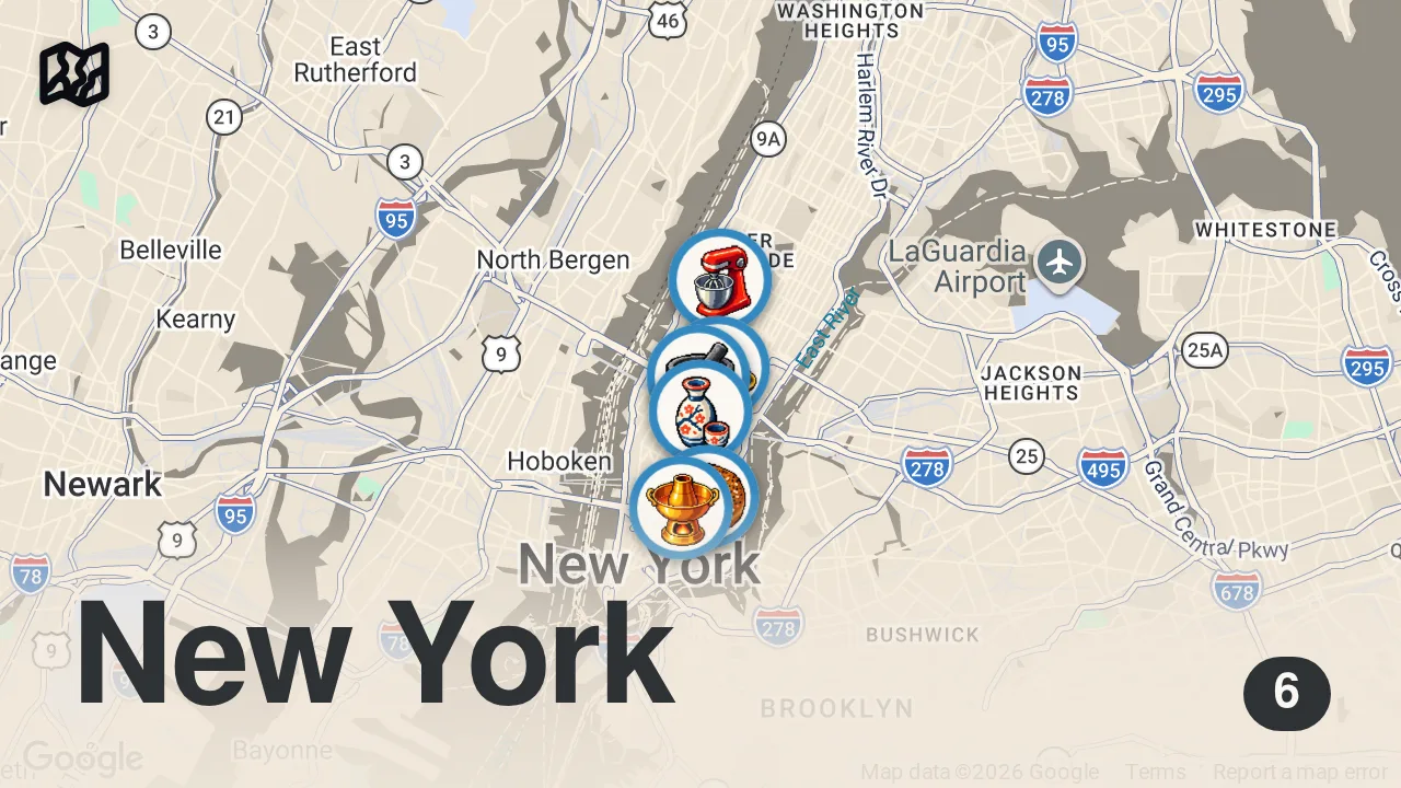 Map of 6 spots from EATING ONLY AT VIRAL PLACES IN NEW YORK FOR 24 HOURS 🍎