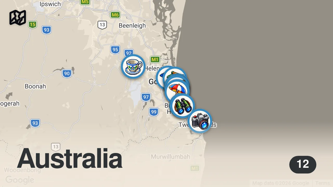 Map of 12 spots from Gold Coast, Australia Travel Guide: MUST-SEE beaches, amusement parks and more
