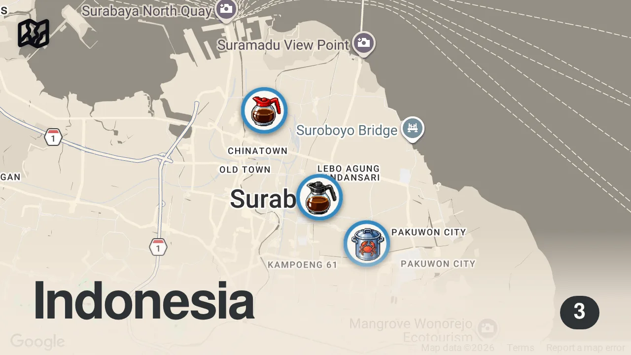 Map of 3 spots from EXTREME Indonesian Street Food!! NASI BABAT - Serves 100’s Per Night in Surabaya!