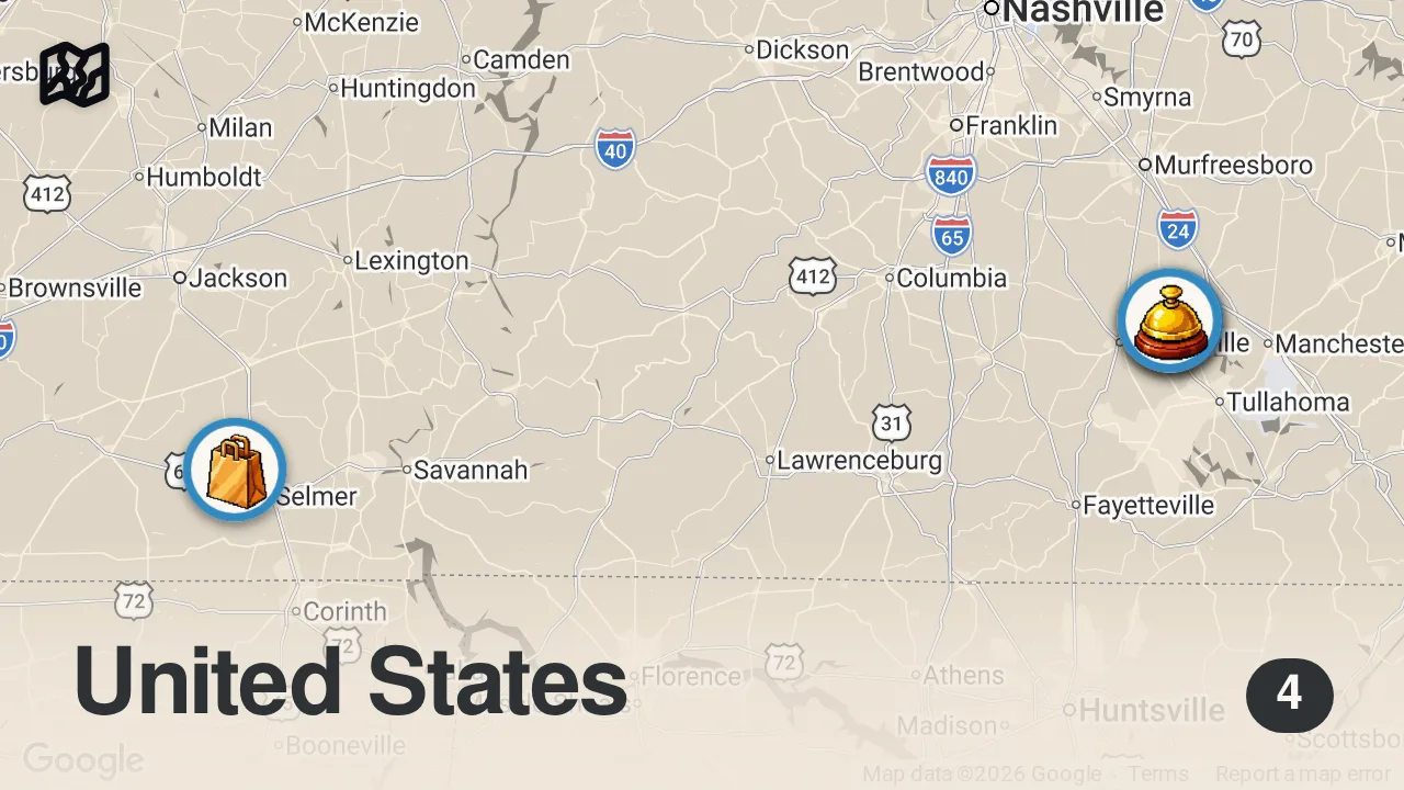 Map of 4 spots from Eating in Tennessee Smallest Towns For 24 Hours...