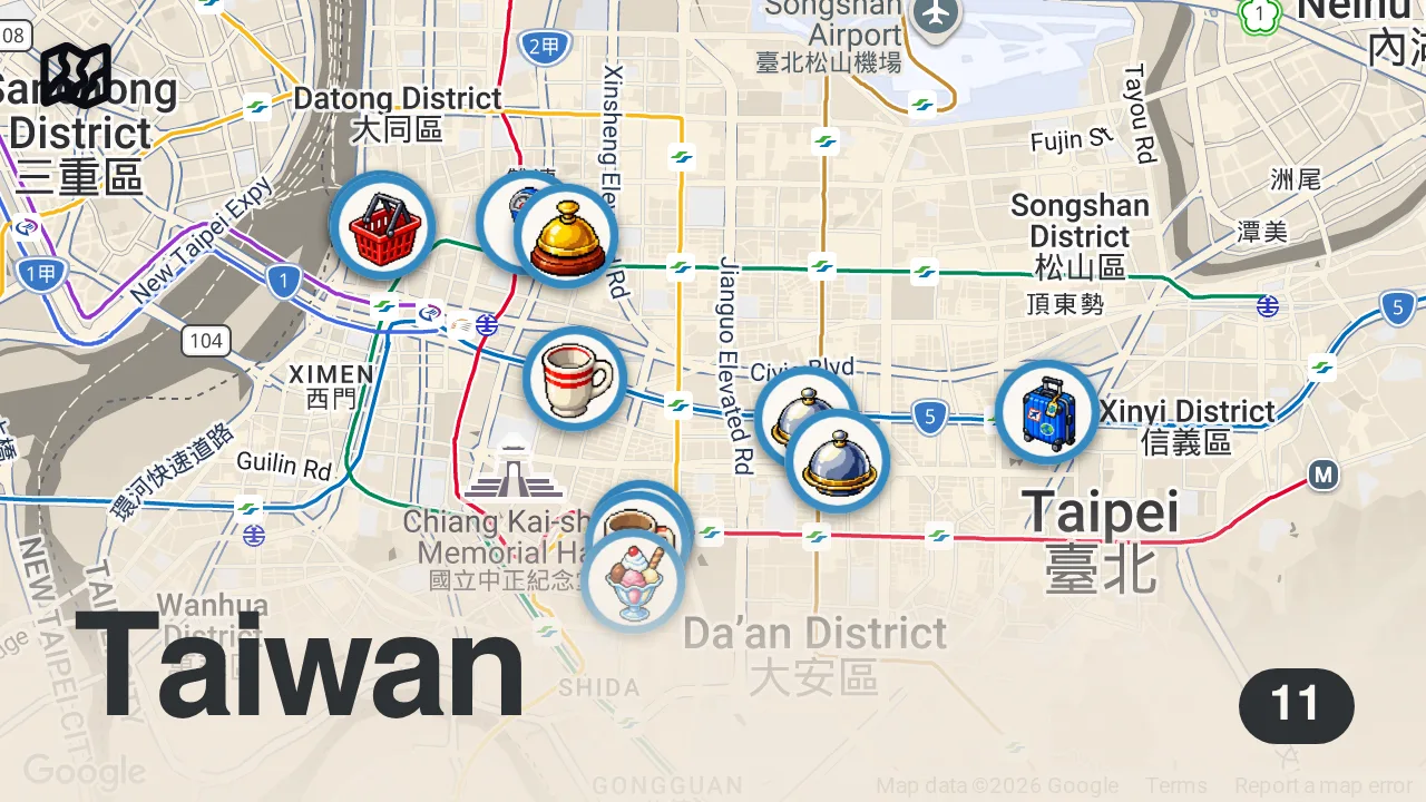 Map of 11 spots from a week in TAIPEI *foodie trip* 🍜 local favorites, mother-daughter trip | tiffycooks vlog 🍧