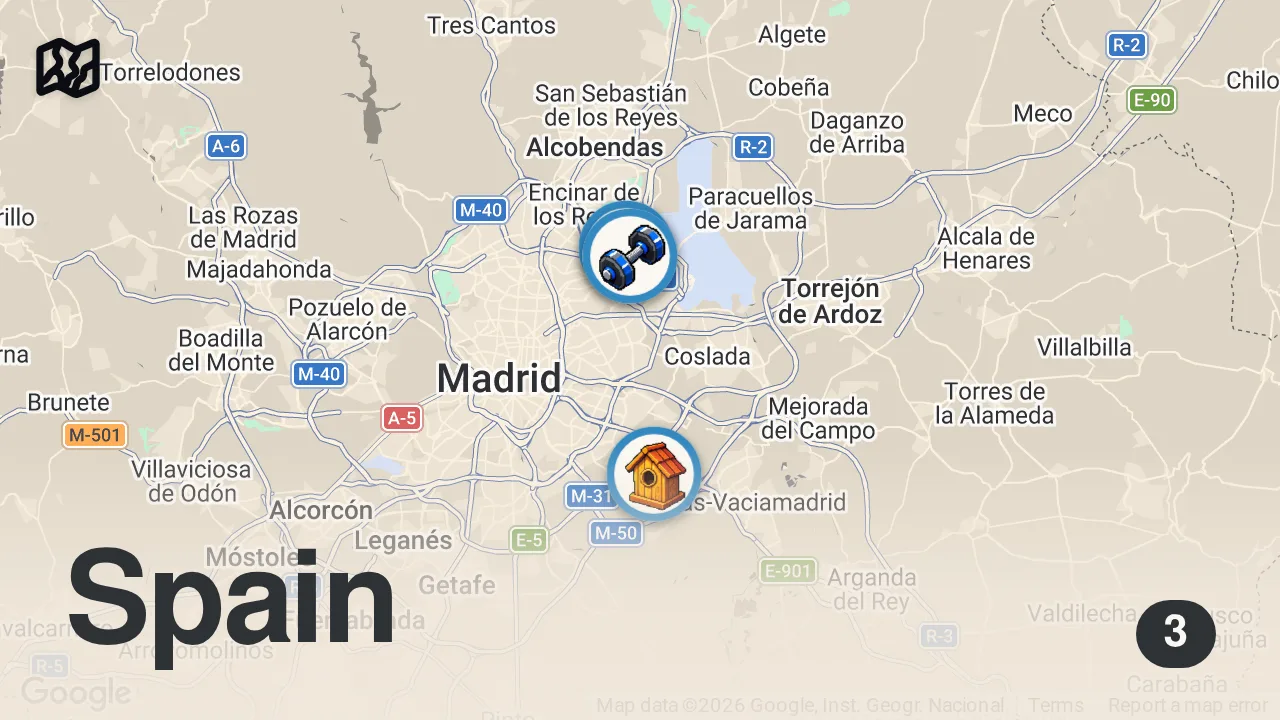 Map of 3 spots from Esto nos HUBIERA GUSTADO SABER ANTES de MUDARNOS a ESPAÑA 🇪🇸 (como extranjeros)