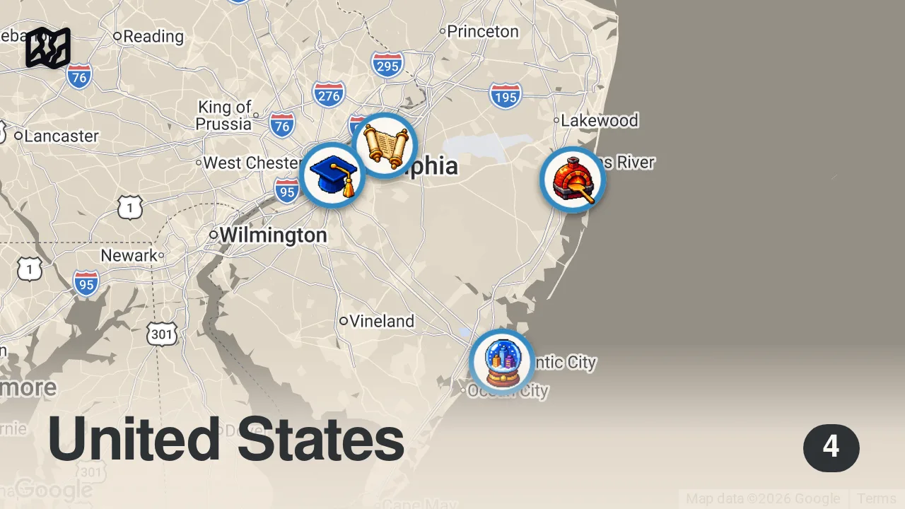 Map of 4 spots from Insane CHEESE STEAK!! 🧀🥩 Best Food in New Jersey - Anthony Bourdain Tour (Day 3)