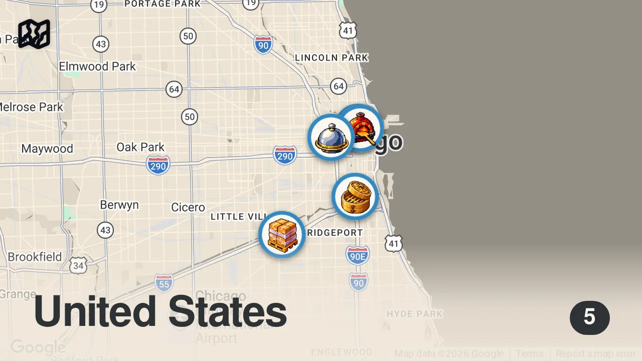 Map of 5 spots from 5 EPIC DESSERTS IN CHICAGO | The Lost Ones Travel Vlog