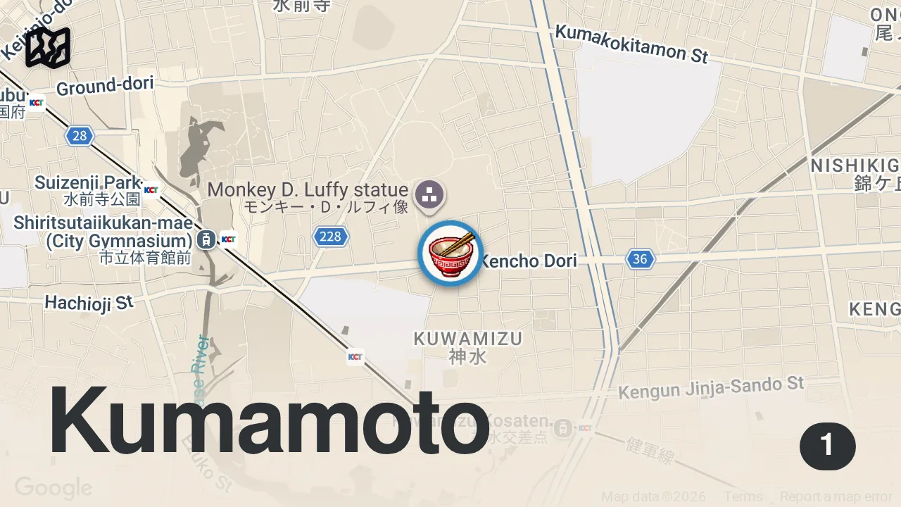 Map of 1 spot from Ranking EVERY Style of Ramen: Kumamoto-Style Ramen