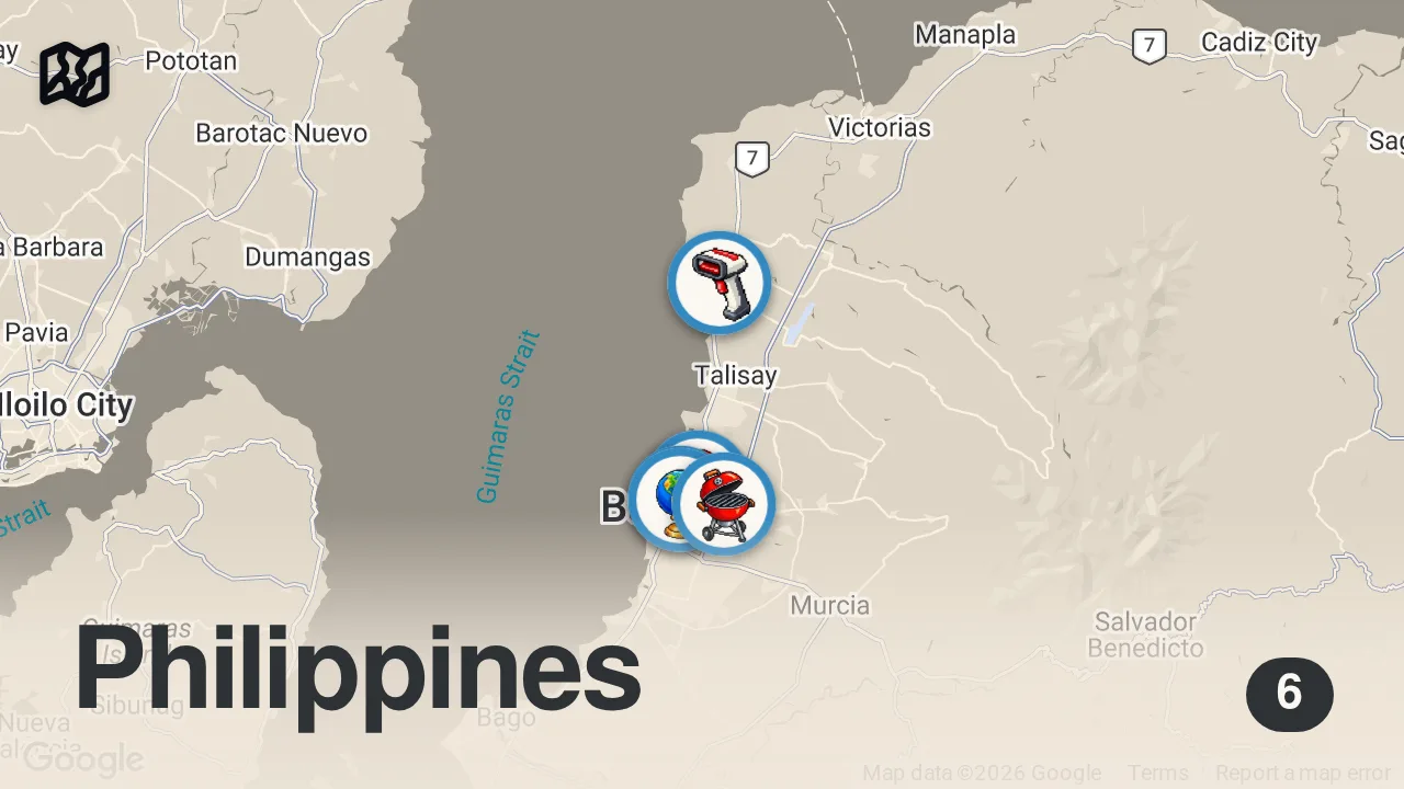 Map of 6 spots from Filipino Street Food in Bacolod!! CHICKEN INASAL + Ultimate BBQ Tour in Philippines!