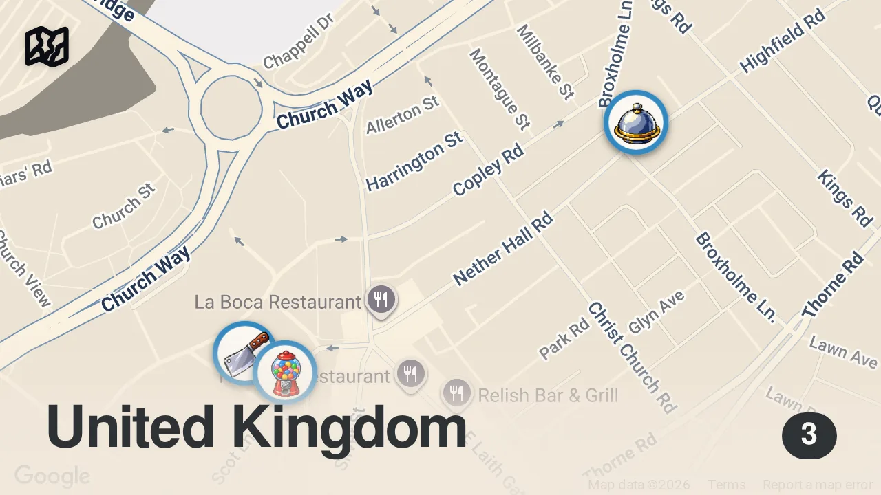 Map of 3 spots from I can't believe Doncaster is HIDING some of the best food in the UK