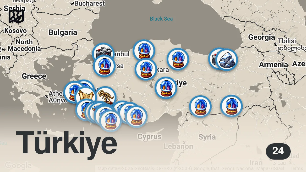 Map of 24 spots from 25 Most Beautiful Places to Visit in TURKEY | TRAVEL VIDEO 4K
