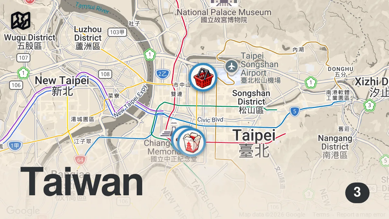 Map of 3 spots from 40+ Taiwanese Street Foods in TAIPEI - Fried Chicken + DIN TAI FUNG + Luxury Seafood + Night Markets