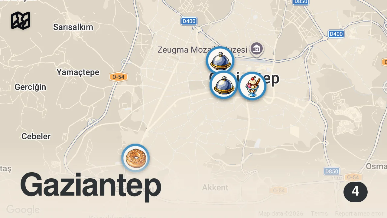 Map of 4 spots from Gaziantep Lezzet Turu: Gerçek Baklava, Katmer ve Beyran | Asuman Kerkez