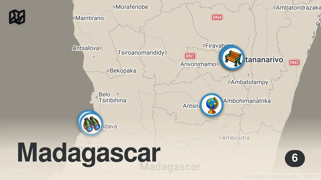 Map of 6 spots from Best STREET FOOD in Madagascar!! 29 Meals in Africa’s Biggest Island!! [Full Documentary]