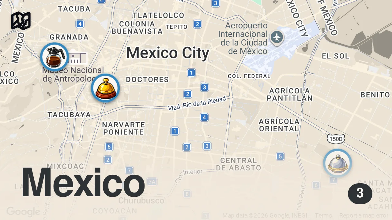 Map of 3 spots from DEVOUR POWER Mexico City: Food Tour in La Condesa - Churros, Tacos, and more TACOS!