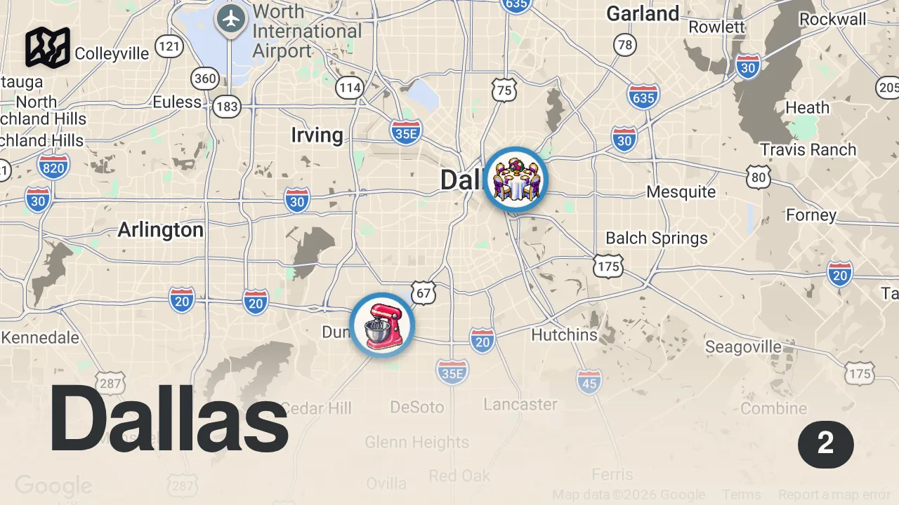 Map of 2 spots from European Tries Texas's Craziest Fair Food