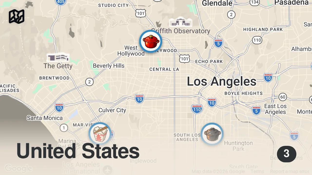 Map of 3 spots from Eating at SKETCHY Restaurants For 24 Hours in Los Angeles... Again