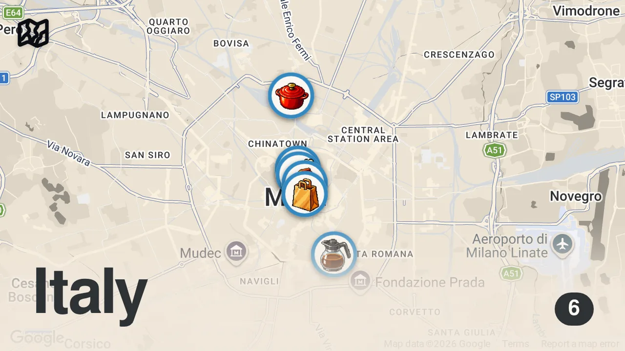Map of 6 spots from Best Italian Food - 10 MUST EAT Foods When You’re in Milan, Italy!!
