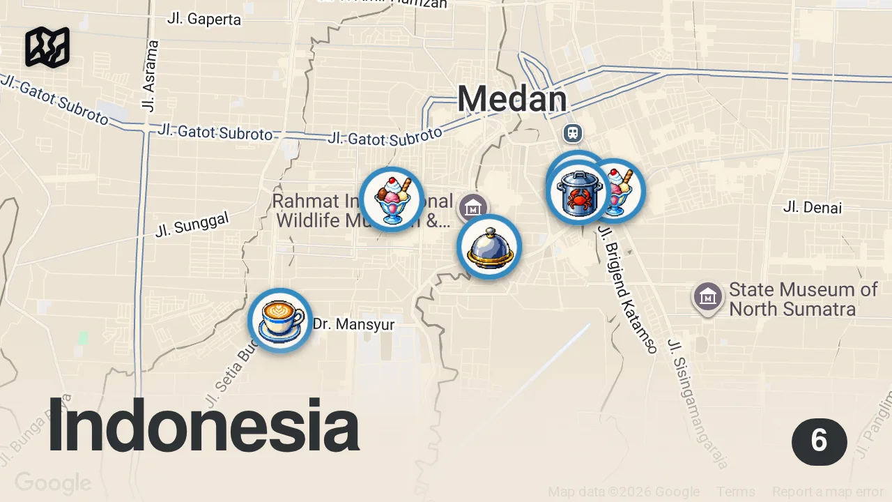 Map of 6 spots from 24 HOURS in MEDAN 🇮🇩 DURIAN + NOODLES + SEAFOOD - Indonesian street food in North Sumatra