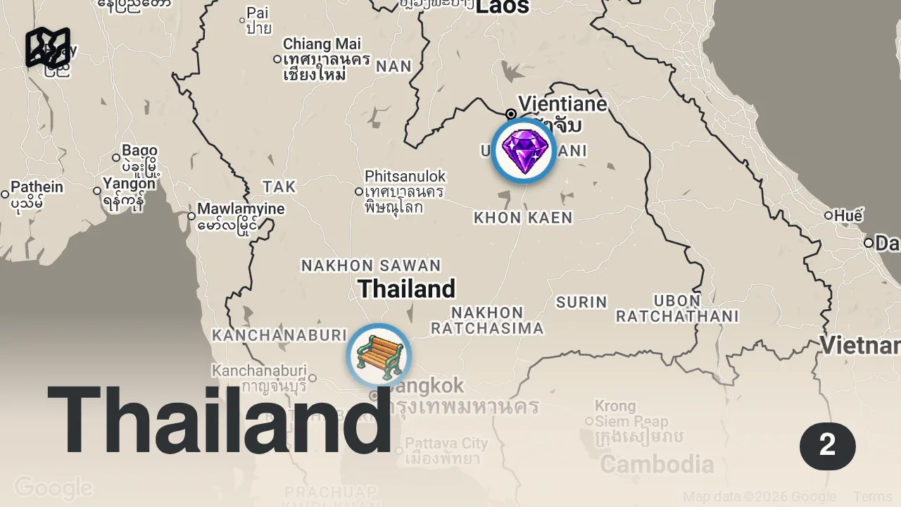 Map of 2 spots from How Two Master Thai Chefs Prepare a Whole Cow Isan Feast — Made in Thailand