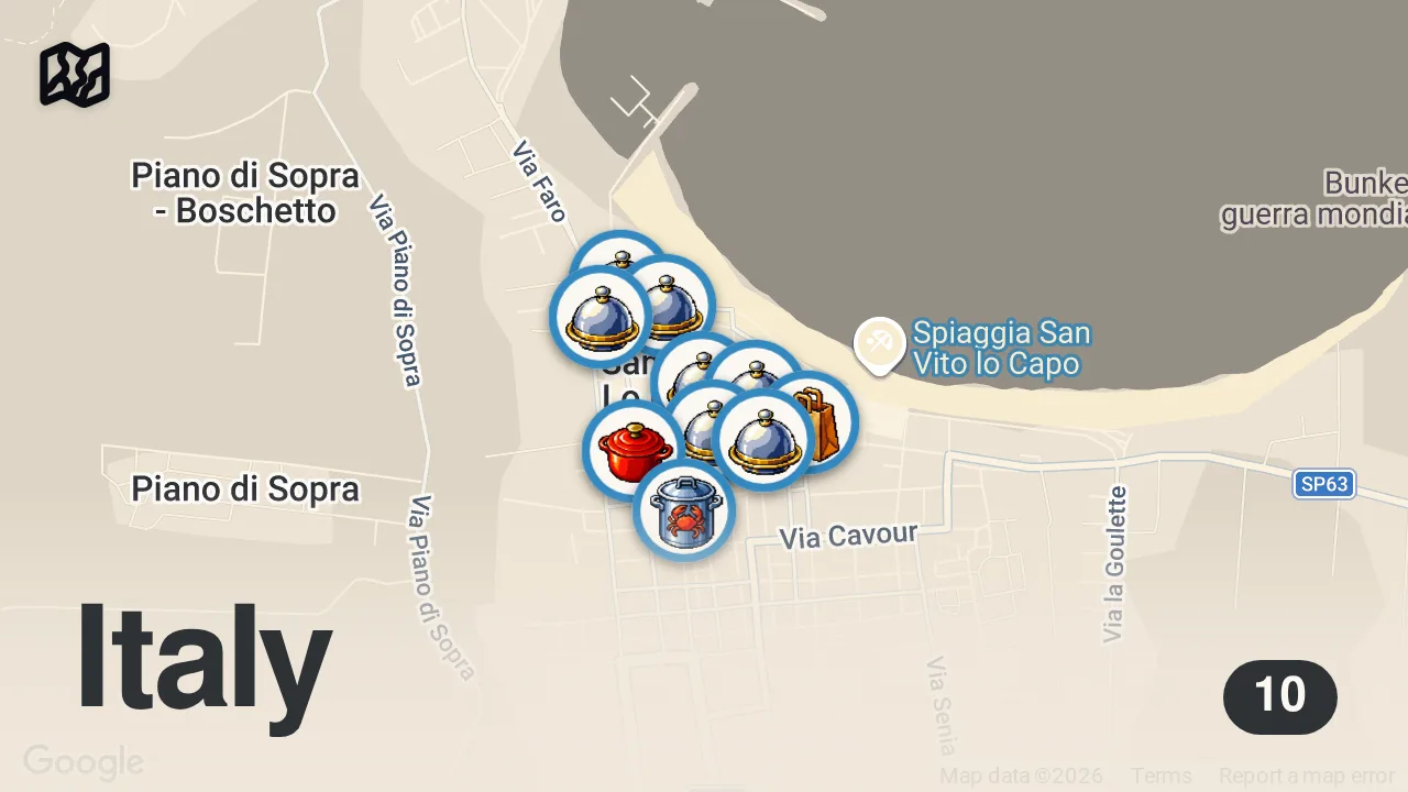 Map of 10 spots from Dove mangiare a San Vito Lo Capo: 10 ristoranti davvero locali