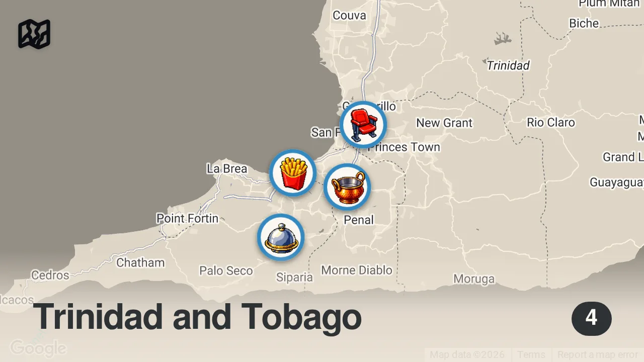 Map of 4 spots from Indian Food YOU WON’T Find in India!! EXTREME DOUBLES + Curry Roti in Trinidad & Tobago!!