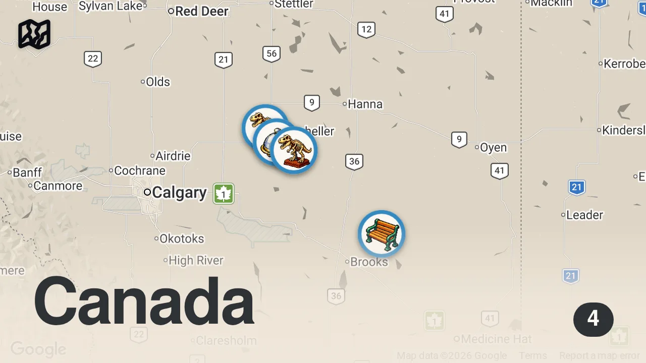 Map of 4 spots from HOW TO DIG FOR DINOSAURS IN THE CANADIAN BADLANDS