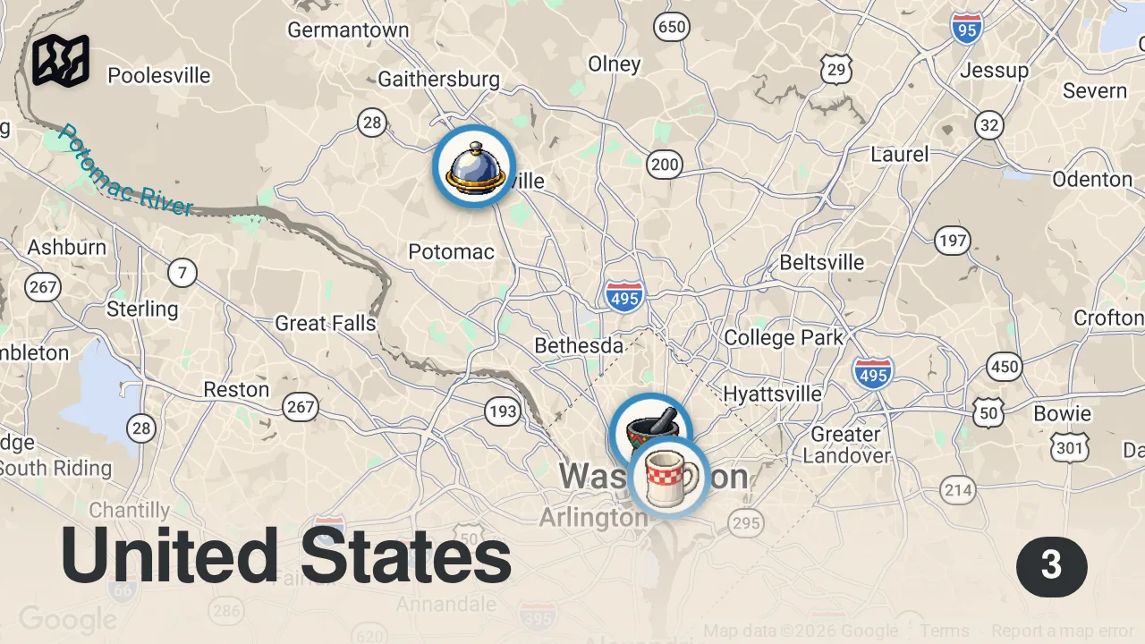 Map of 3 spots from A Pro Chef’s Favorite Places to Eat in Washington, D.C. | Where the Chefs Eat | Condé Nast Traveler