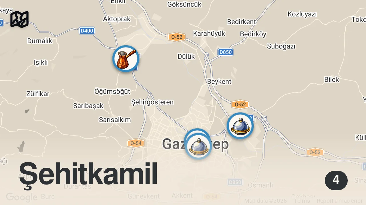 Map of 4 spots from Gaziantep Lezzetleri | Kıyma kebabı, beyran, saray kavurma, soğan kebabı, kışlık lahmacun, külbastı