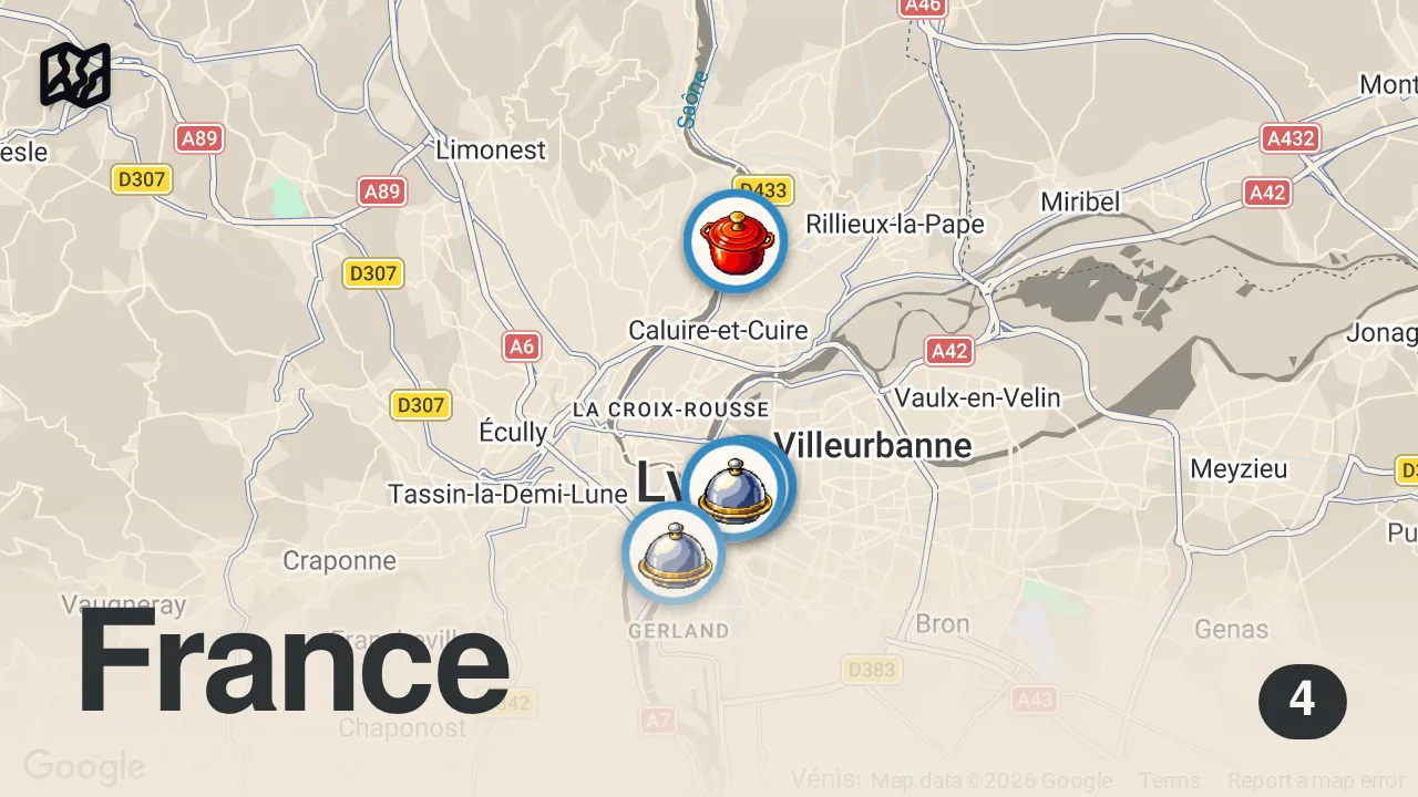 Map of 4 spots from $325 Whole Chicken in Bladder Balloon!! (Lyon, France) 🇫🇷