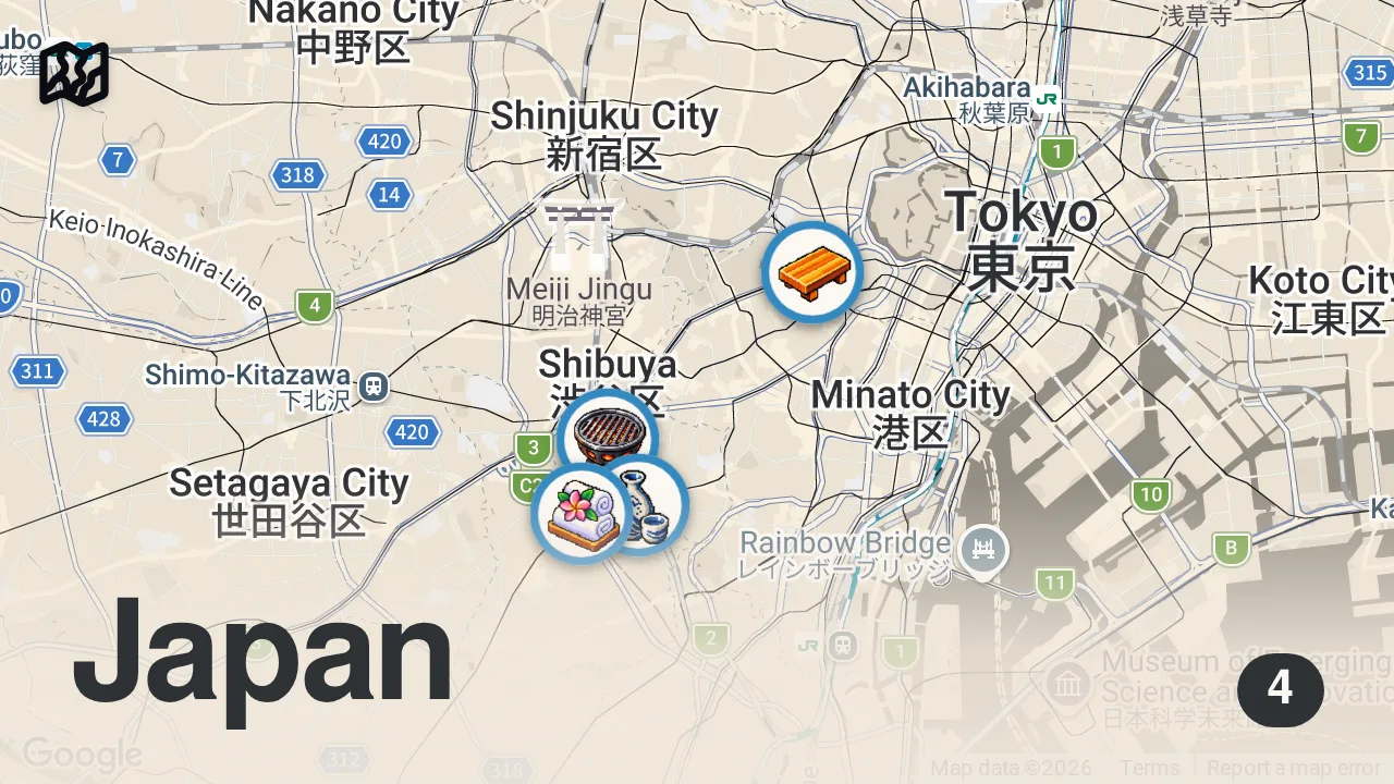 Map of 4 spots from 5 BEST Restaurants in Tokyo, Japan | Local's Recommendation!