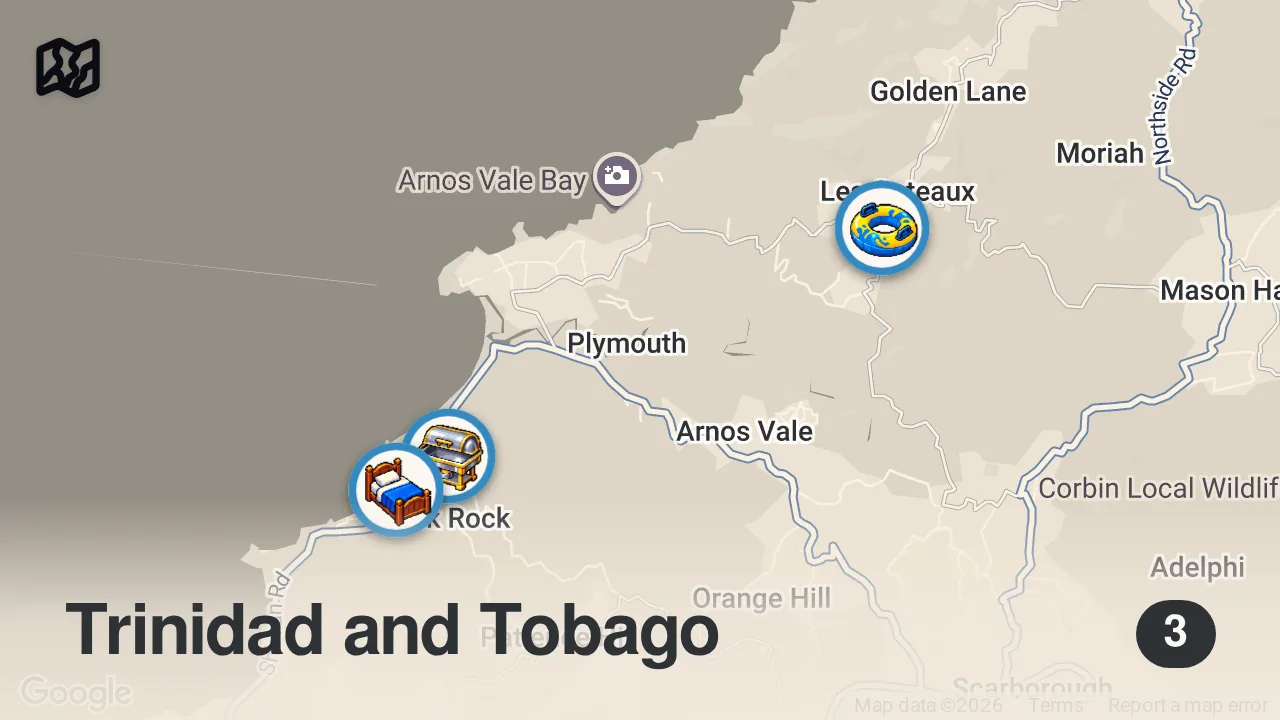 Map of 3 spots from Greatest Ever Afro-Caribbean Food!! BACKYARD CREOLE COOKOUT in Paradise Island Tobago!!