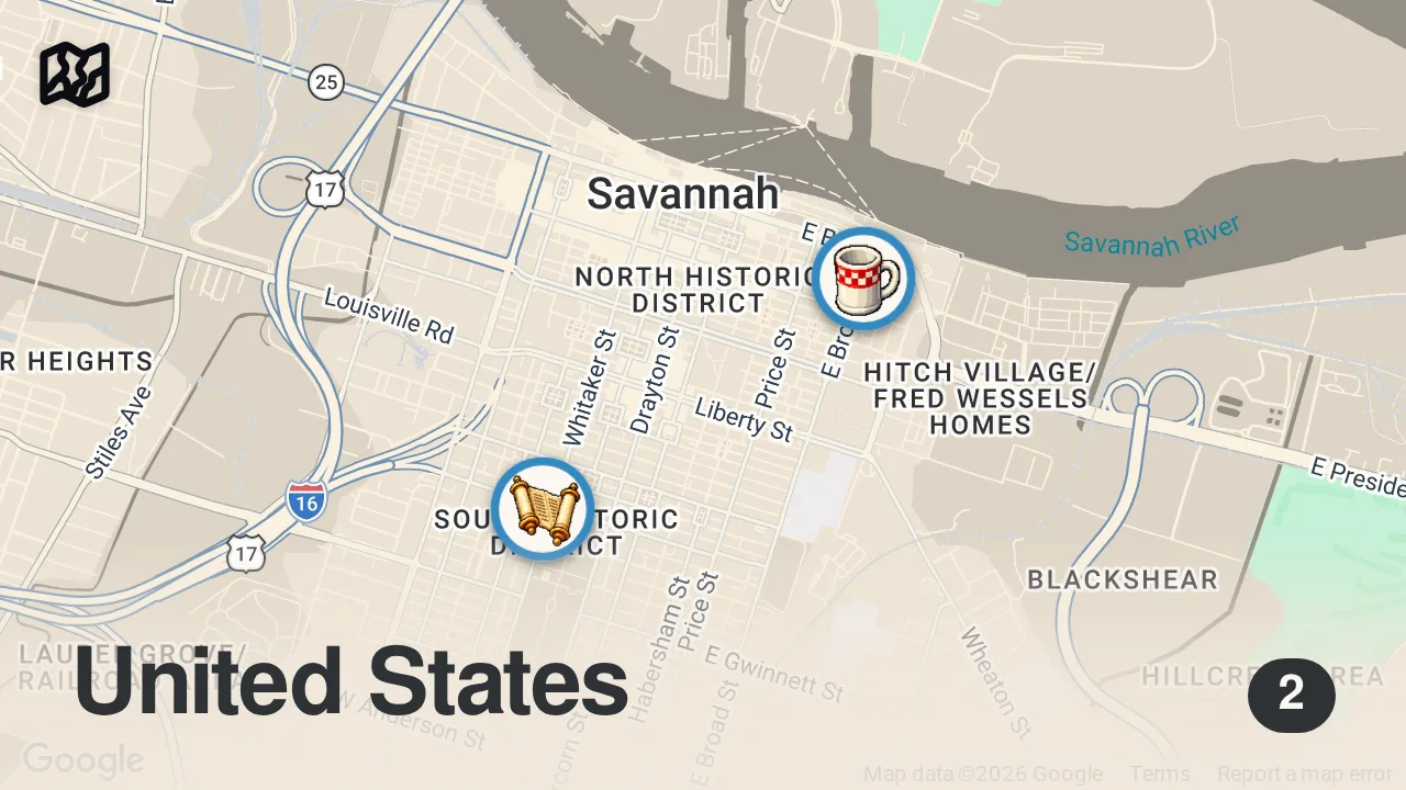 Map of 2 spots from Eating at The OLDEST Restaurant in Savannah Georgia... (The Haunted Pirate House)