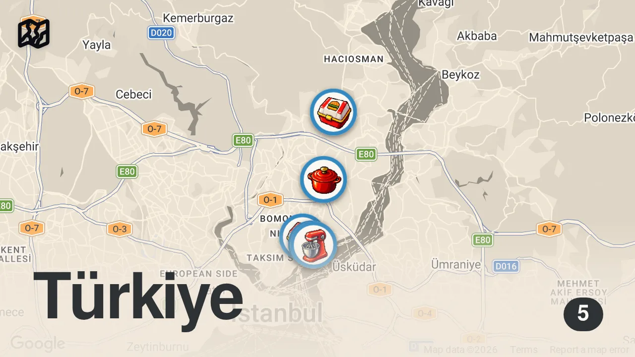 Map of 5 spots from İSTANBUL'DA BURGER KEŞFİ! (Burger Haritası’na 5000 kalori aldırdık) - Ayaküstü Lezzetler