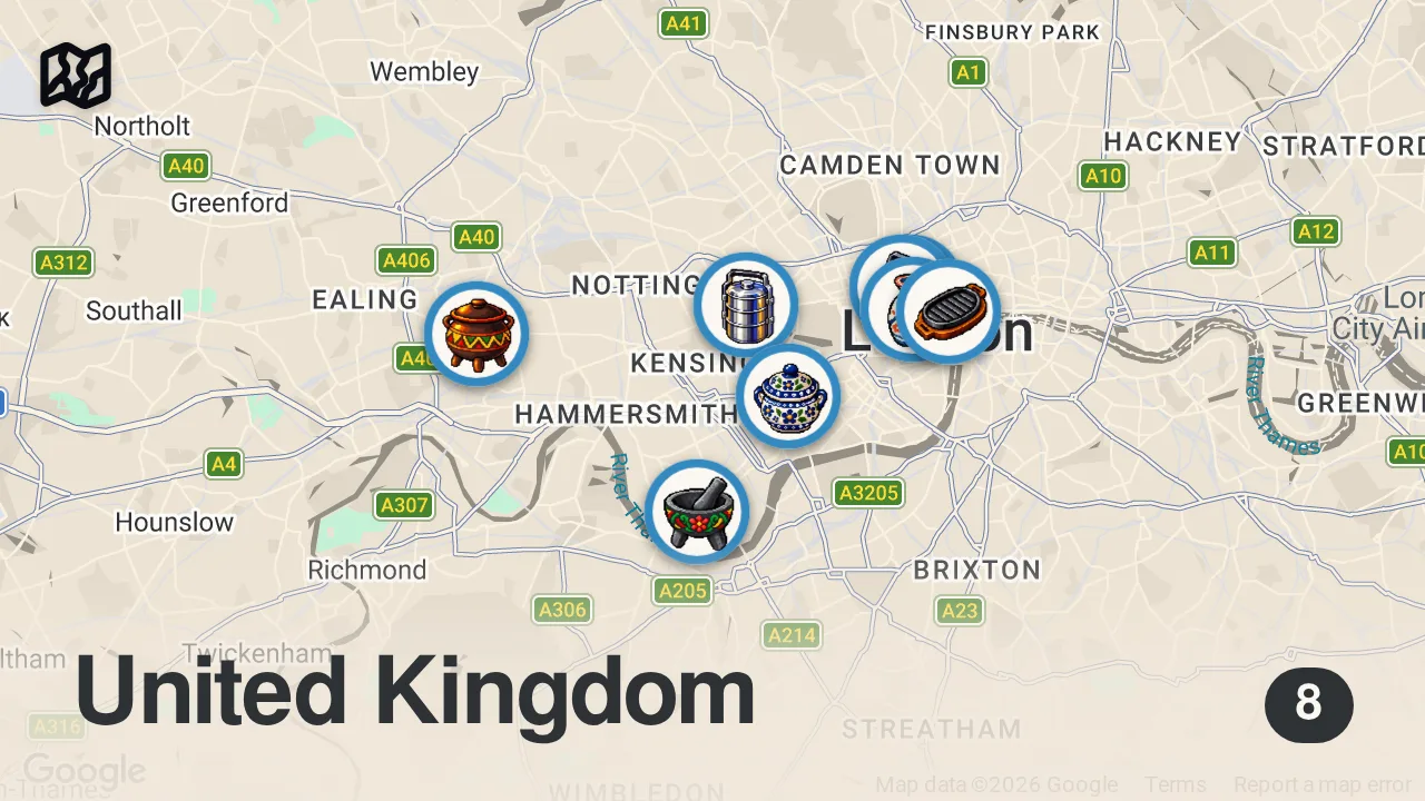 Map of 8 spots from I Asked Strangers Where to Eat in London