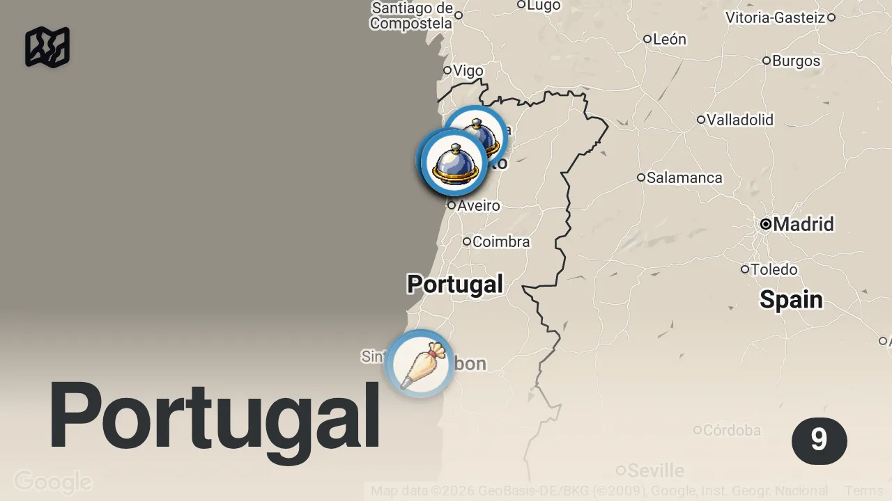 Map of 9 spots from 25 FOODS From PORTUGAL You Must Try - From Porto to Lisbon and Guimaraes 🇵🇹