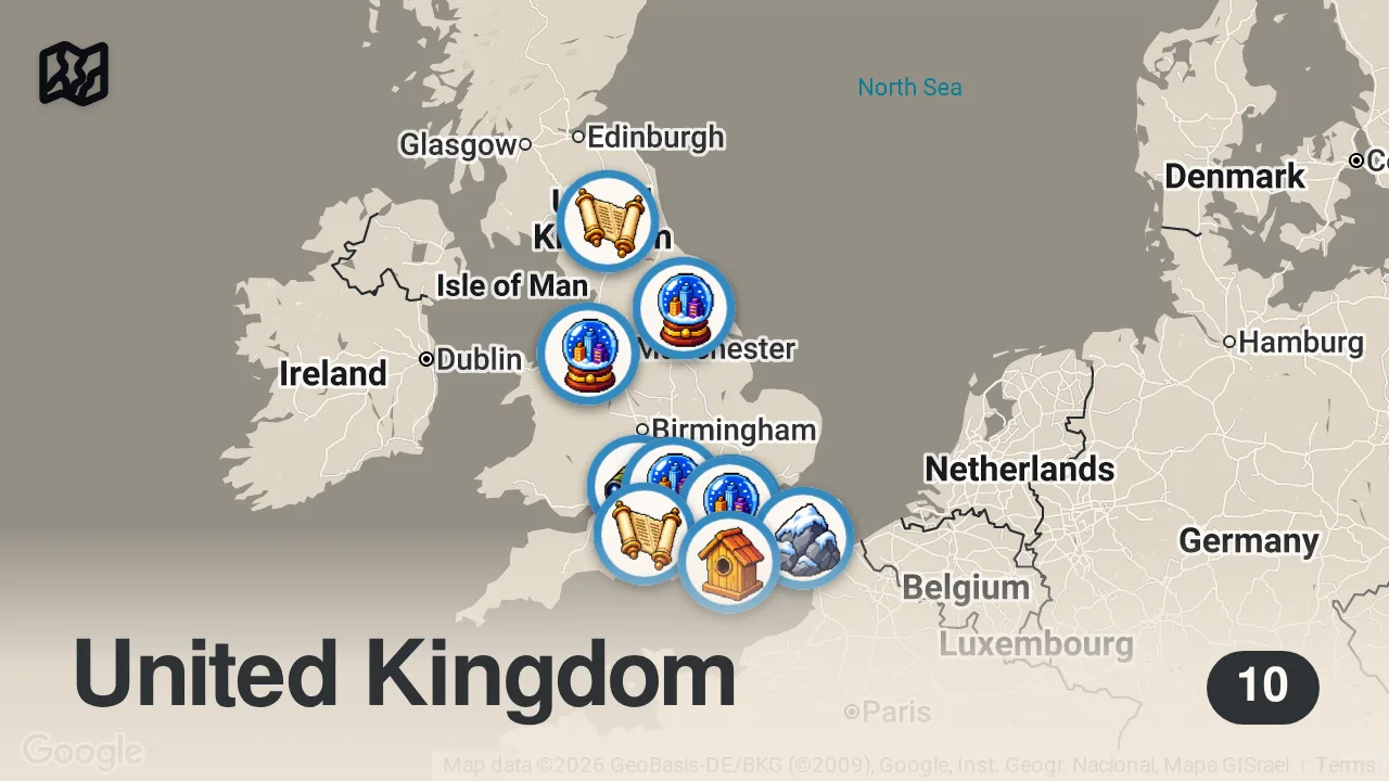 Map of 10 spots from Amazing Places to Visit in England (UK) - Travel Video
